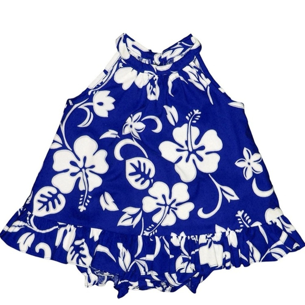 RJC Baby Girl's Hibiscus Pareo Halter Hawaiian 2 Piece Dress Set Royal Blue 12m